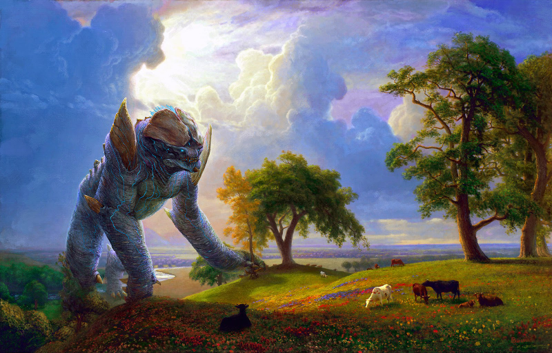 Illustration for article titled Giant movie monsters trash classical landscapes in “The Ancient Kaiju Project”